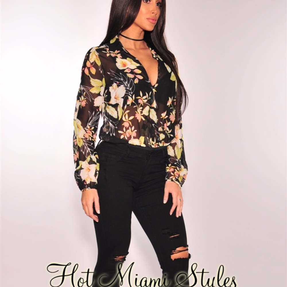 Black Sheer Floral Print Collared Bodysuit